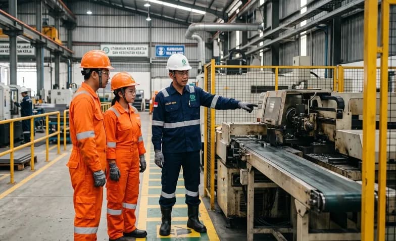 Ahli K3 Umum melakukan pemeriksaan keselamatan kerja di lingkungan industri