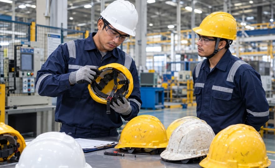 Pekerja industri menggunakan safety helmet sebagai perlindungan kepala di tempat kerja