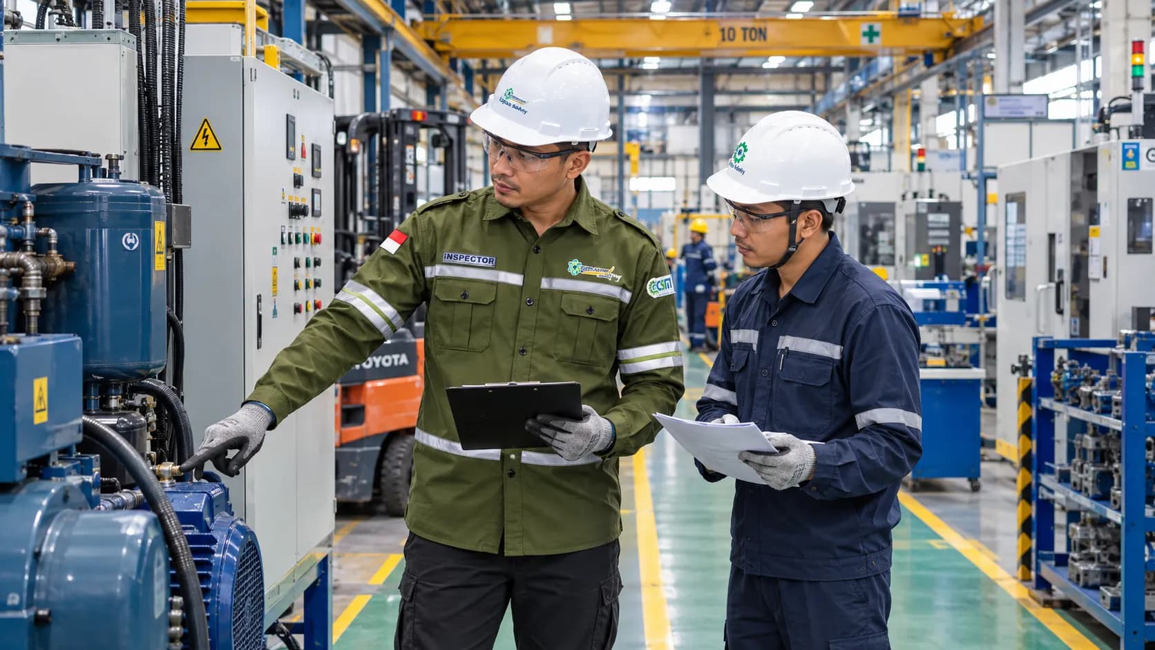 K3 kawasan industri Bekasi dengan pemeriksaan pengaman mesin dan evaluasi risiko aktivitas produksi di pabrik.