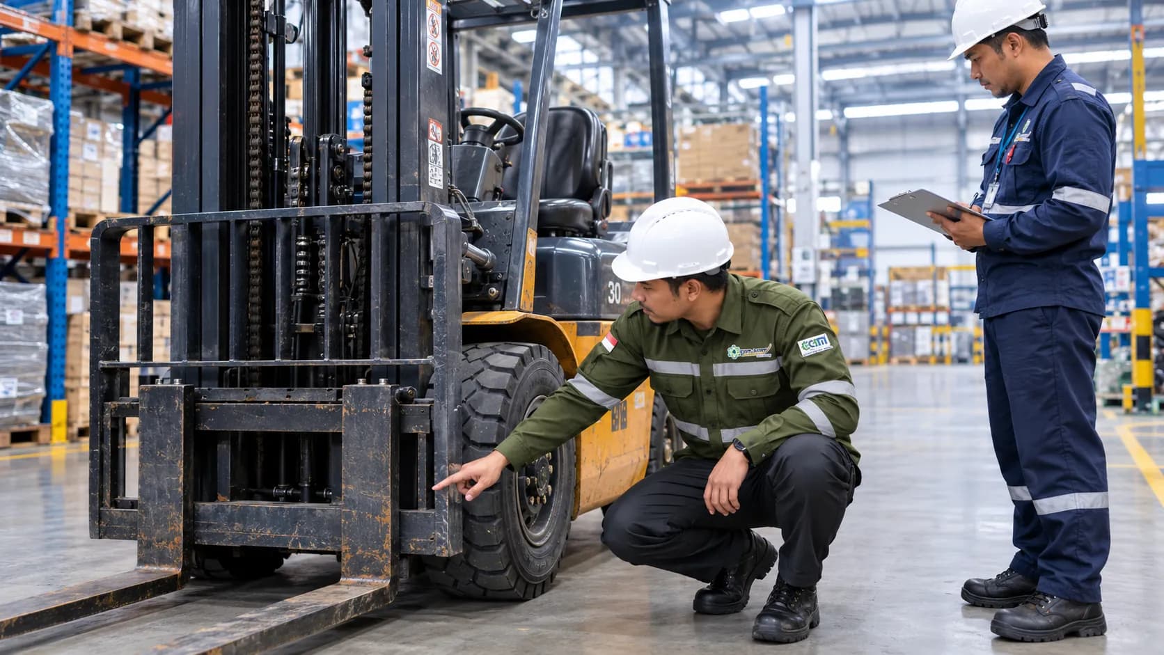 Riksa Uji K3 Cikarang dengan pemeriksaan awal forklift oleh inspector K3 di area gudang industri