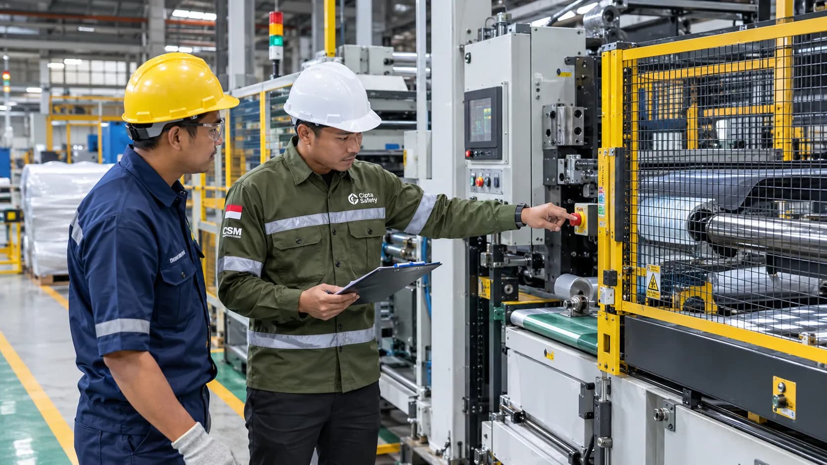 K3 kawasan industri Bekasi dengan pemeriksaan pengaman mesin dan evaluasi risiko aktivitas produksi di pabrik.