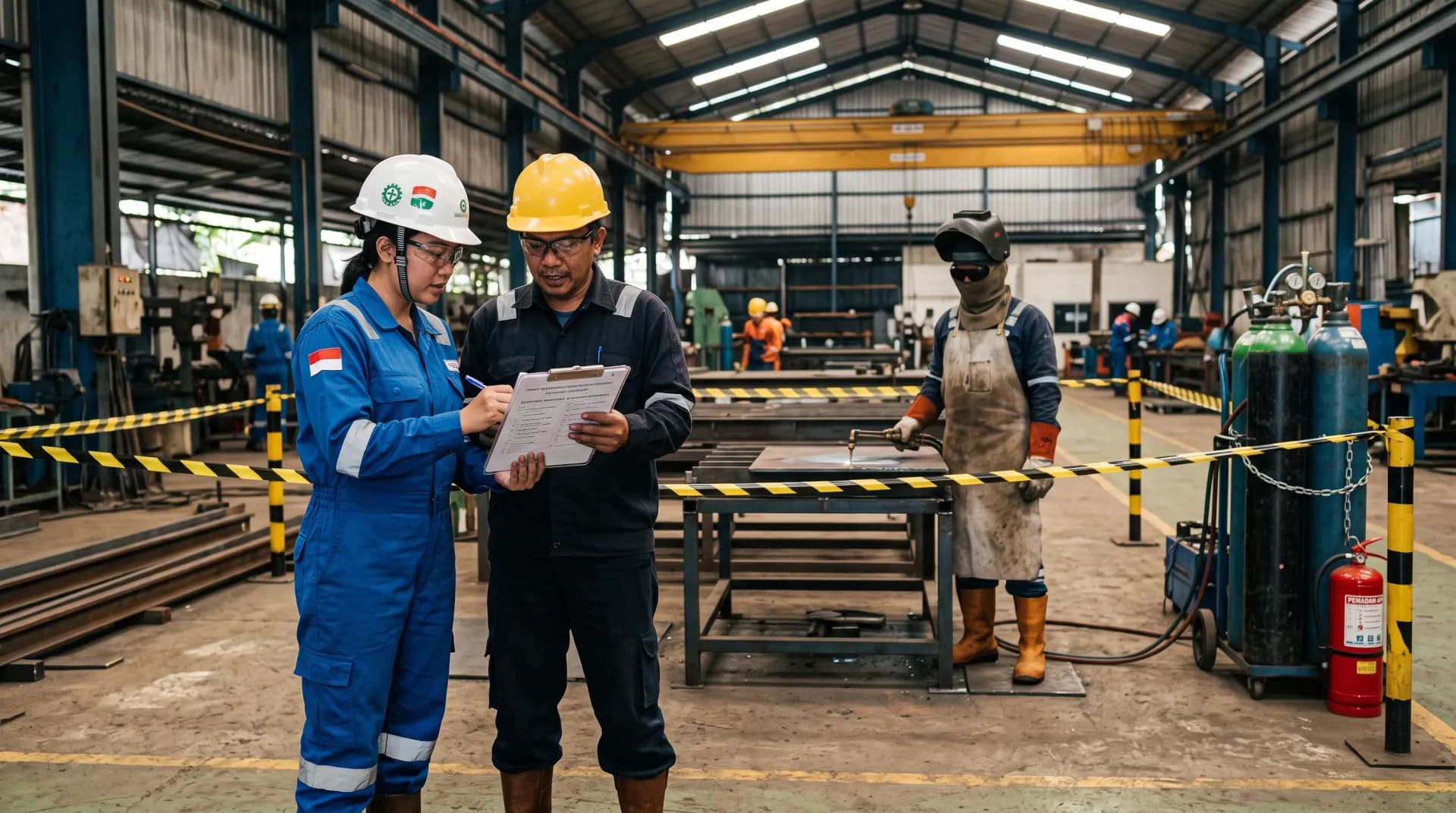 Petugas K3 memeriksa persiapan pekerjaan pemotongan logam di fasilitas industri untuk mengevaluasi risiko keselamatan kerja.