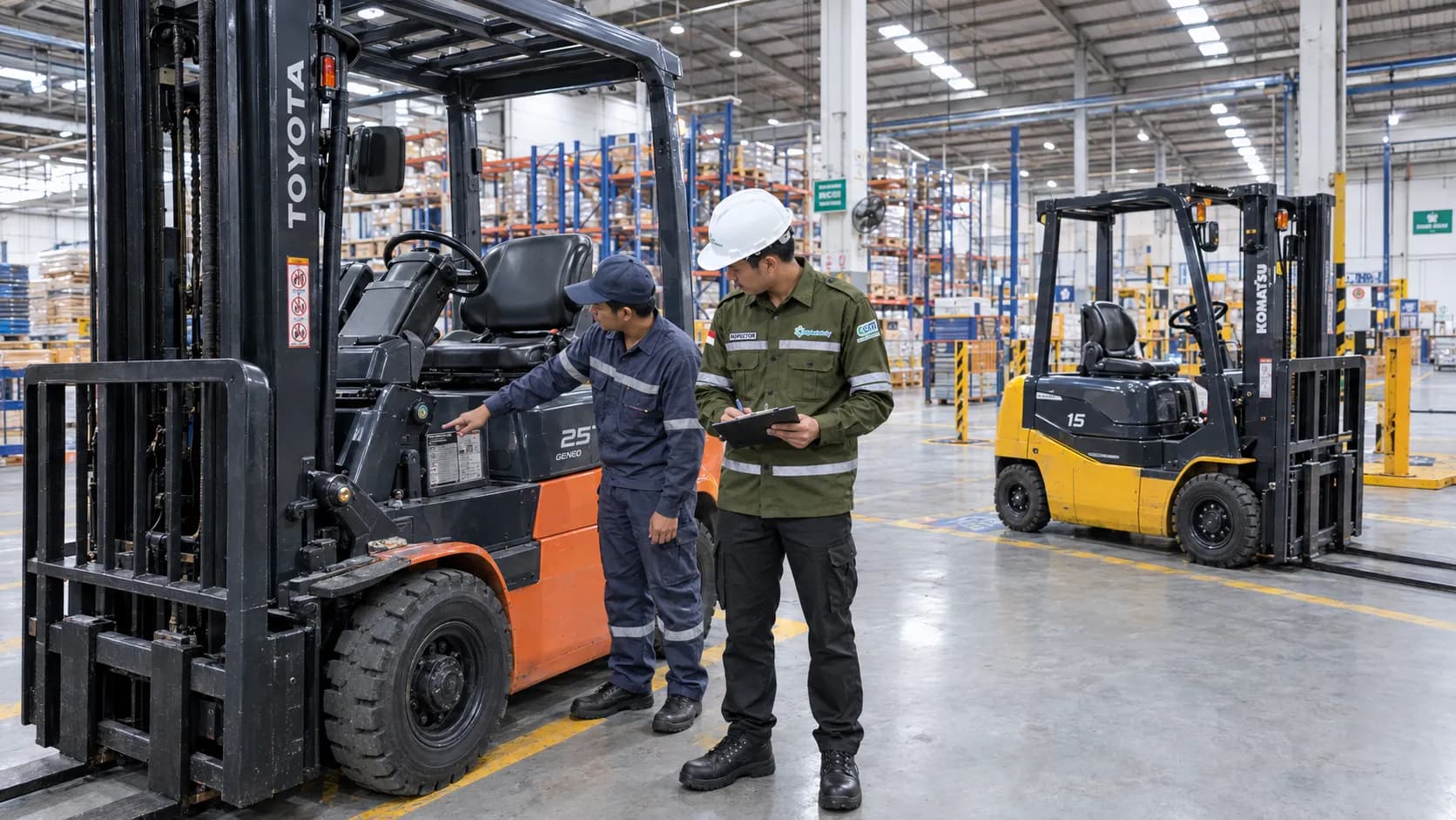 Biaya Riksa Uji forklift dan pemeriksaan awal peralatan industri oleh inspector K3 di area gudang