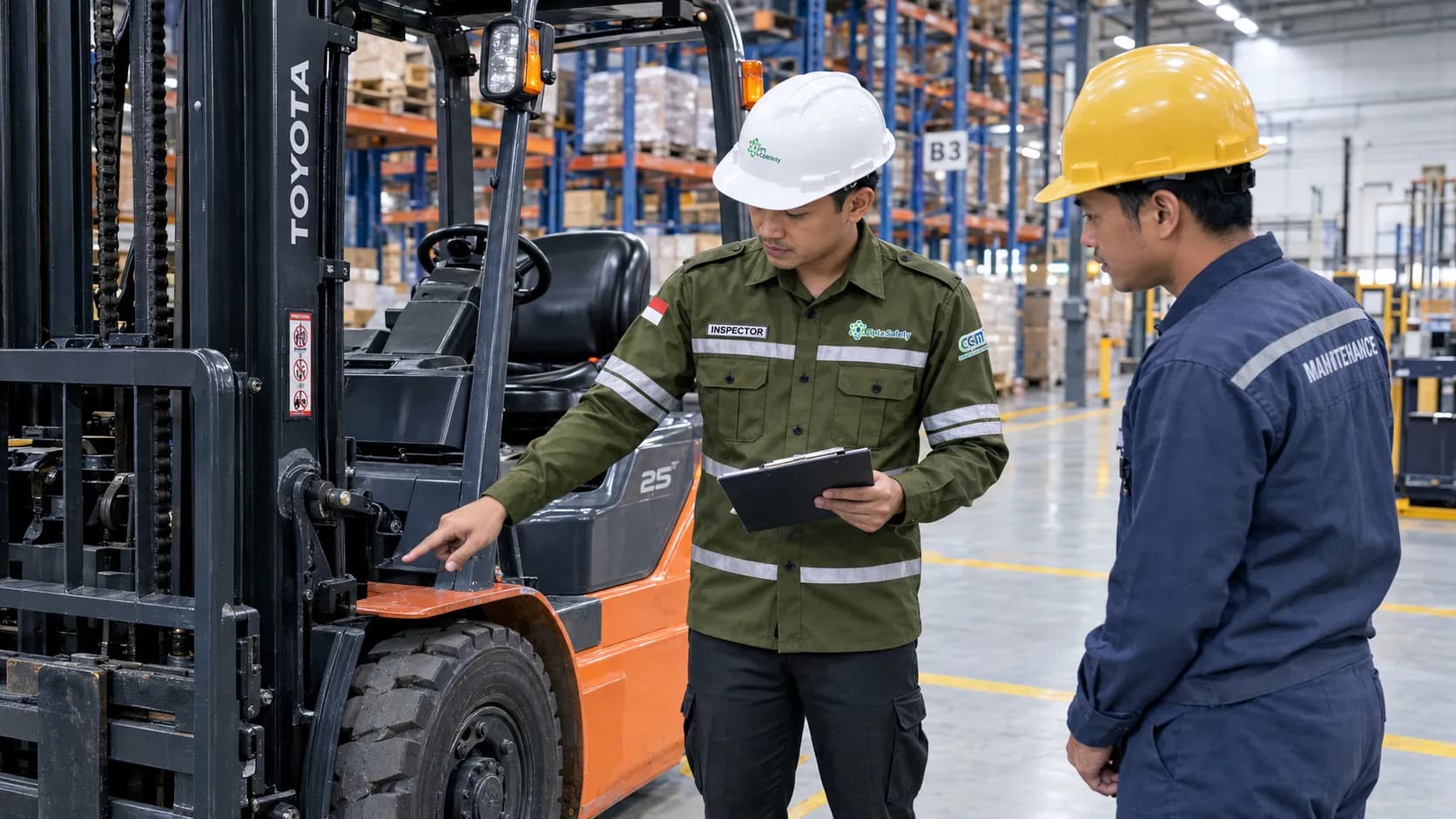 Biaya Riksa Uji forklift dan pemeriksaan awal peralatan industri oleh inspector K3 di area gudang
