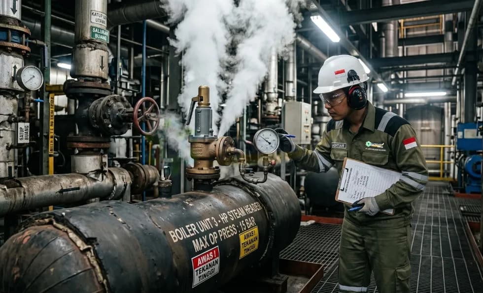 Inspektor K3 dan perwakilan pabrik memeriksa dokumen serta peralatan industri di Sidoarjo.